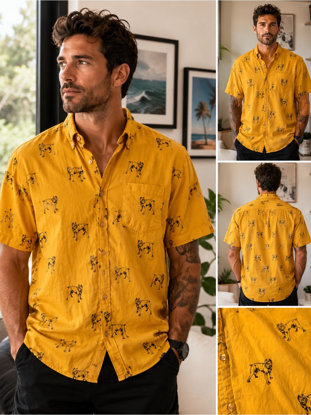 Creative Destruction Pit Bull Dog Print Button Down Shirt Men’s L